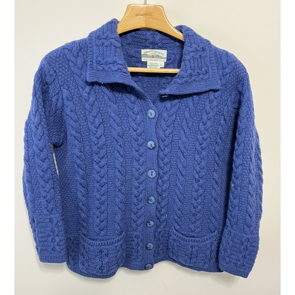 Aran Crafts Sweater Cardigan Women Size Large Blue Merino Wool Cable Knit Button - Picture 1 of 5